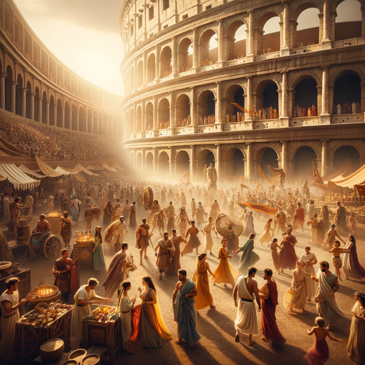 Citizens of ancient Rome gather for a vibrant festival at the Colosseum, captured in the cinematic style of 1960s historical epics, with warm tones and lively atmosphere.