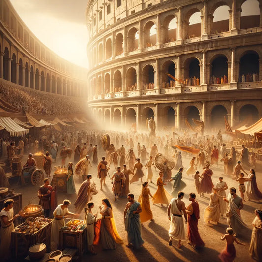 Citizens of ancient Rome gather for a vibrant festival at the Colosseum, captured in the cinematic style of 1960s historical epics, with warm tones and lively atmosphere.