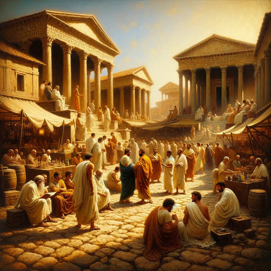 Ancient Greek philosophers and early Christians in a Roman marketplace exchanging ideas, illustrated in the style of 1960s historical epics.