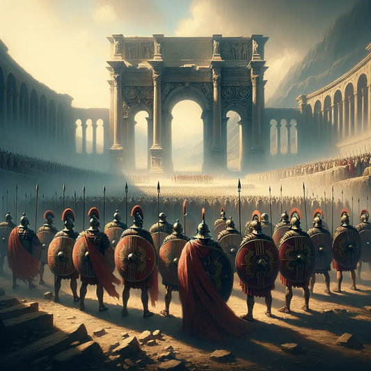 Roman legionaries in Testudo formation against a vast ancient landscape, inspired by classic 1960s historical films.