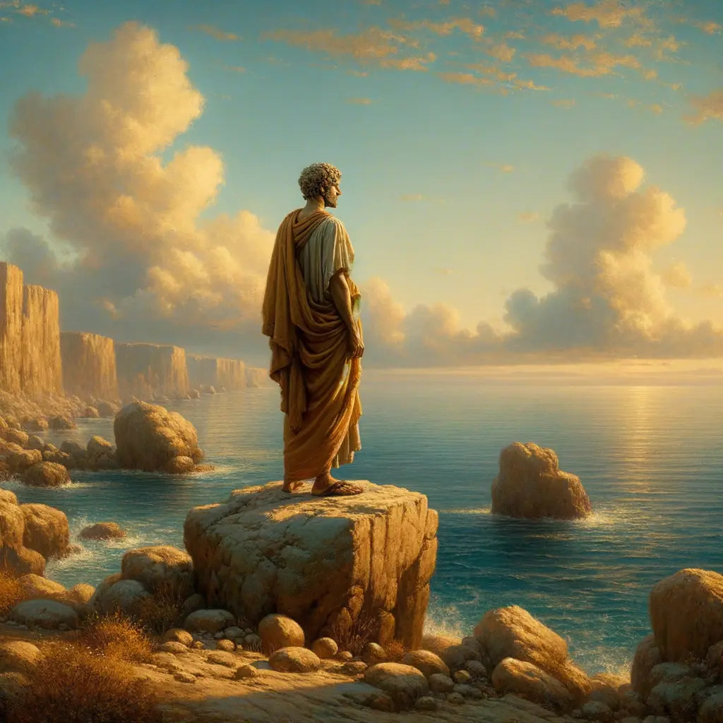 A lone Roman philosopher practicing mindfulness by the tranquil Mediterranean sea, with warm tones capturing the serenity of Stoicism.