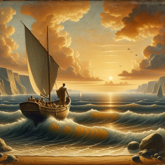 Stoic philosopher on a boat navigating a tranquil sea at sunset, symbolizing Stoic love, in the style of 1960s historical epics.