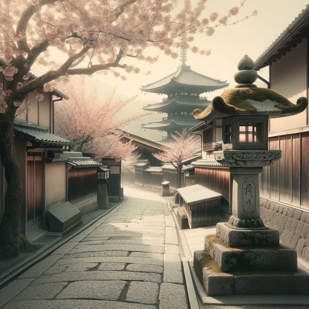 Ein traditionelles japanisches Dorf bei Morgendämmerung mit einer ruhigen Kyoto-Gasse, einem fernen Holzpagoden, Kirschblütenbäumen und einer moosbedeckten Stehlaterne — minimalistisch und friedlich.