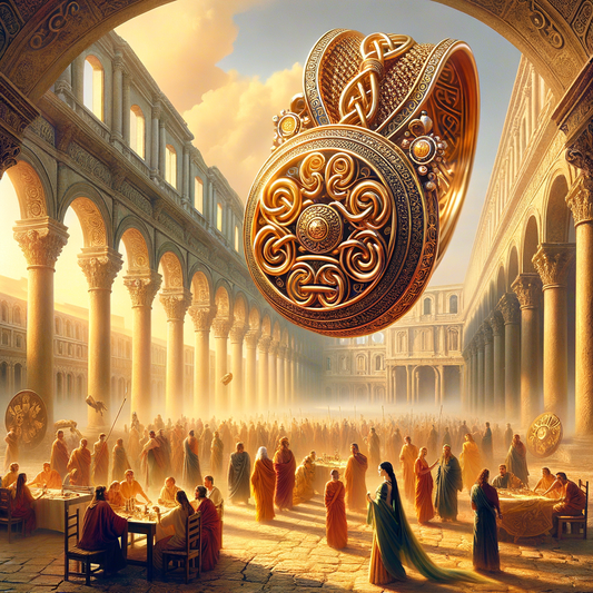 A beautifully designed jewelry piece with Alemannic symbols and knotwork in a Roman forum setting, blending ancient history and modern innovation, inspired by classic historical films.