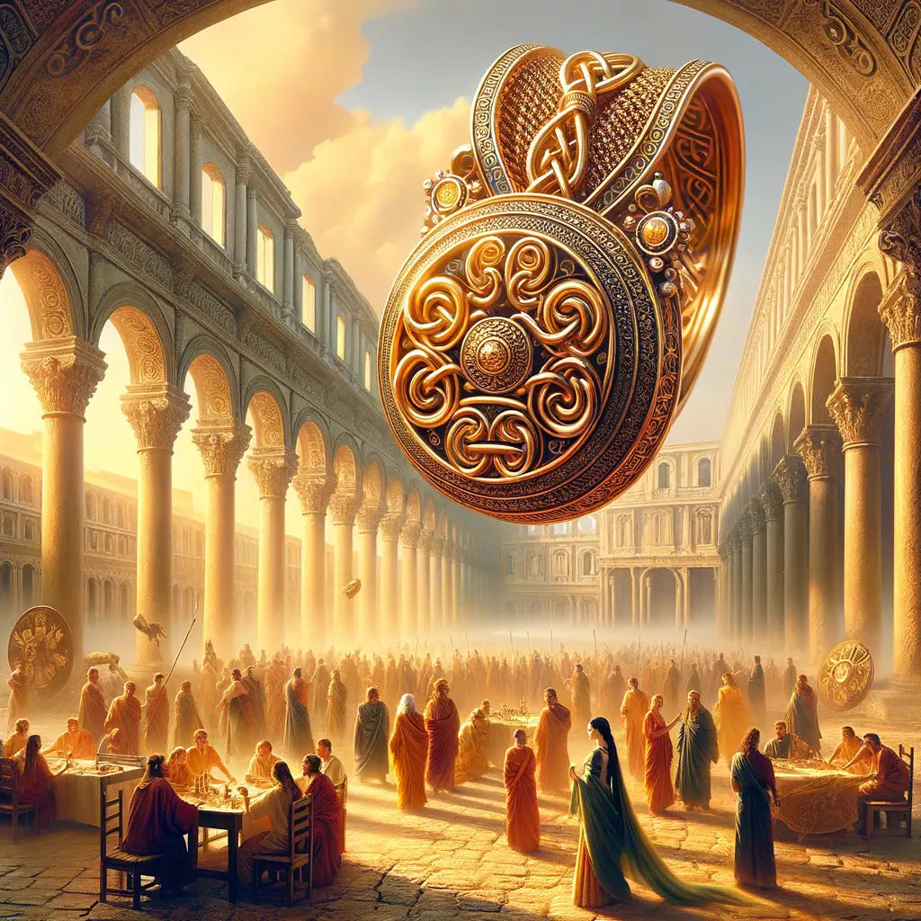 A beautifully designed jewelry piece with Alemannic symbols and knotwork in a Roman forum setting, blending ancient history and modern innovation, inspired by classic historical films.