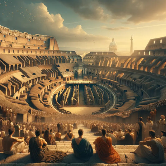 Panoramic view from the upper tiers of the Colosseum, showing the ancient arena and Rome's cityscape, inspired by 1960s historical epic films.