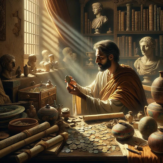 A person in a toga examines an ancient Roman coin amid artifacts and books, capturing a scene of historical exploration in the style of a 1960s epic film.