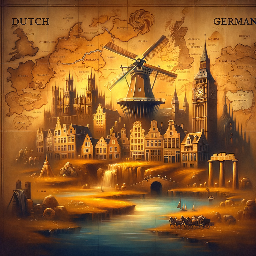 Cinematic language map depicting Dutch, English, and German with cultural landmarks, styled after 1960s historical film epics.