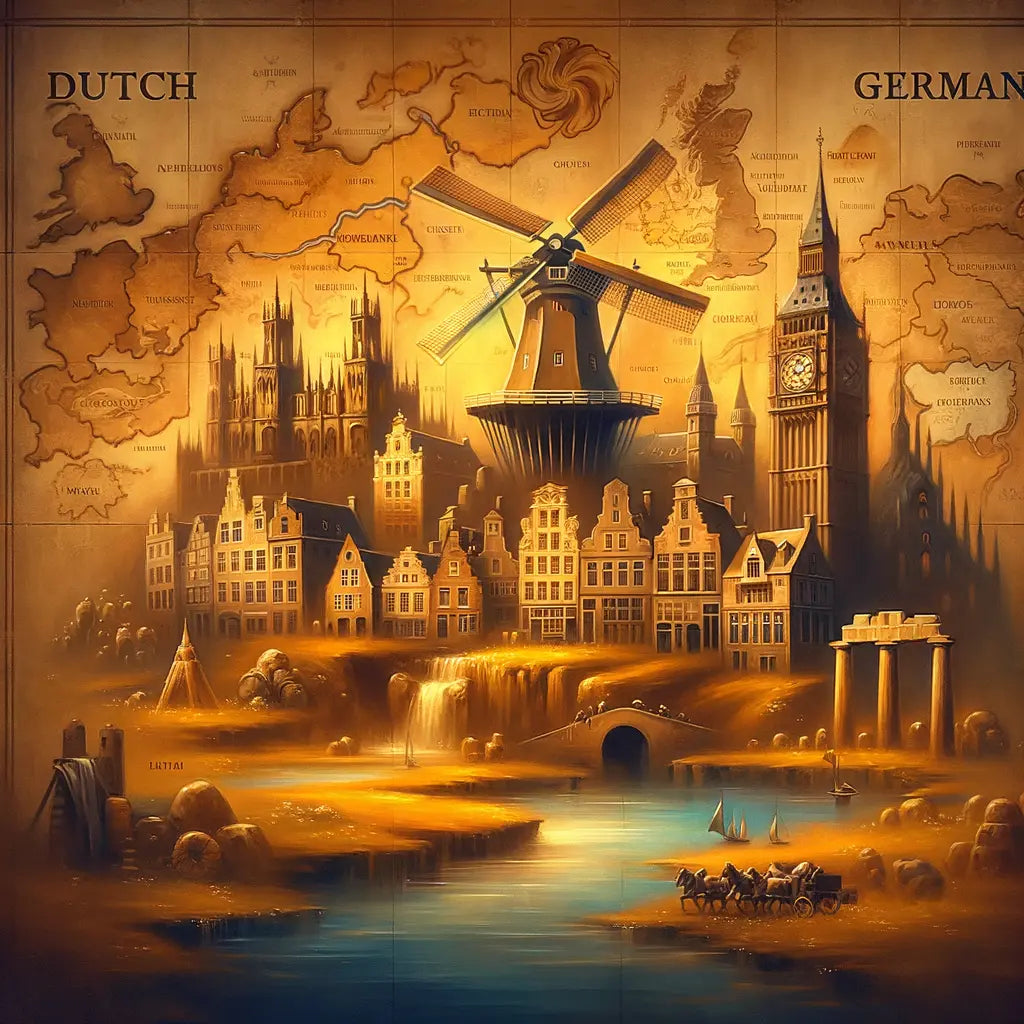 Cinematic language map depicting Dutch, English, and German with cultural landmarks, styled after 1960s historical film epics.