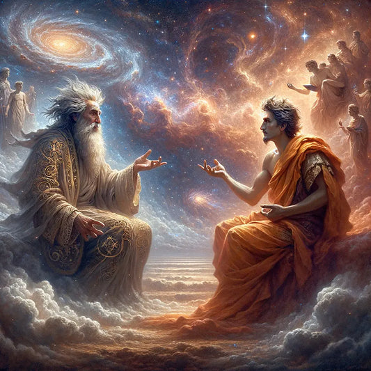 Albert Einstein and Seneca converse under a starry, universal backdrop, merging science with philosophy.