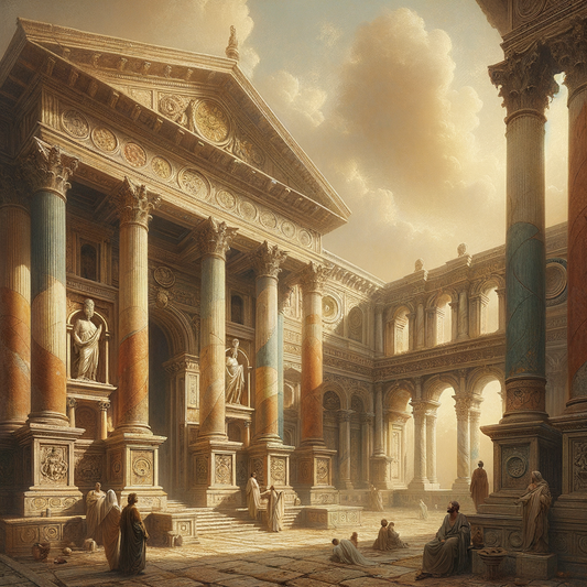 Roman forum with towering columns and arches, evoking a serene and majestic atmosphere similar to 1960s historical film style.