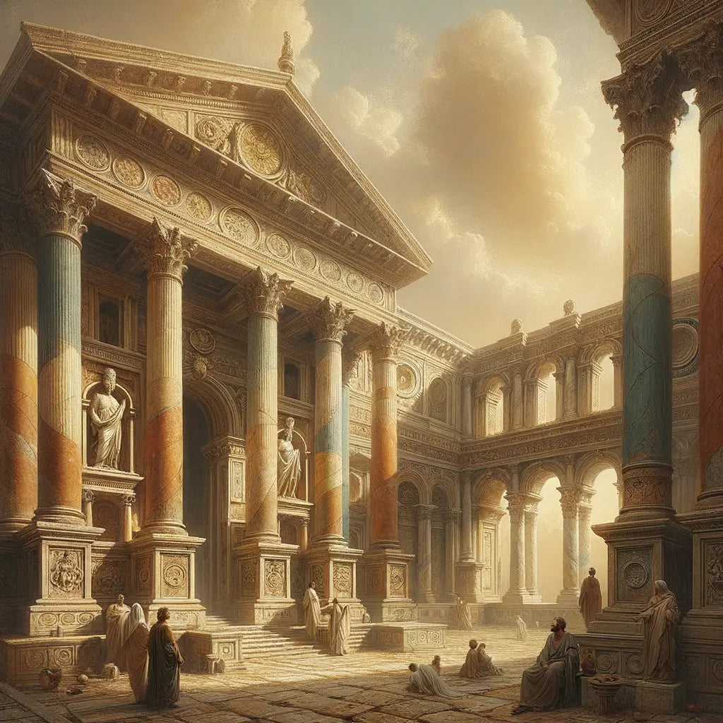 Roman forum with towering columns and arches, evoking a serene and majestic atmosphere similar to 1960s historical film style.