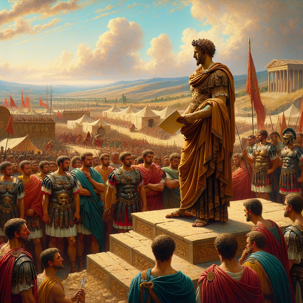 Emperor Marcus Aurelius, in a regal toga, stands among Roman soldiers holding a scroll, portraying leadership and philosophy in a 1960s historical film style.