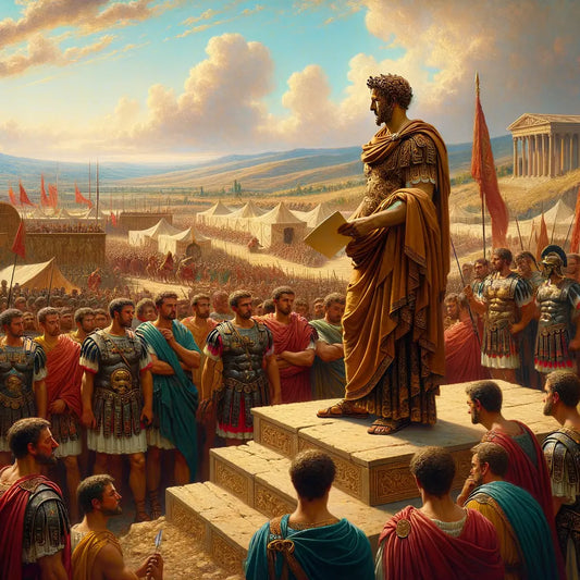 Emperor Marcus Aurelius, in a regal toga, stands among Roman soldiers holding a scroll, portraying leadership and philosophy in a 1960s historical film style.