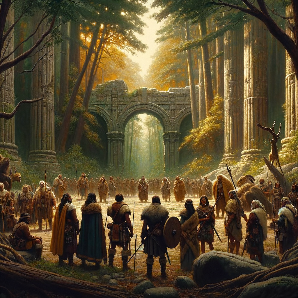 Germanic warriors with diverse features stand in a dense forest, Roman ruins visible in the background, in a painting style reminiscent of 1960s historical films.