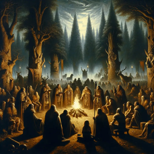 Ancient Germanic tribal leaders with angular faces and high foreheads gather under torchlight in a dense forest clearing at night, styled like a 1960s historical epic film.