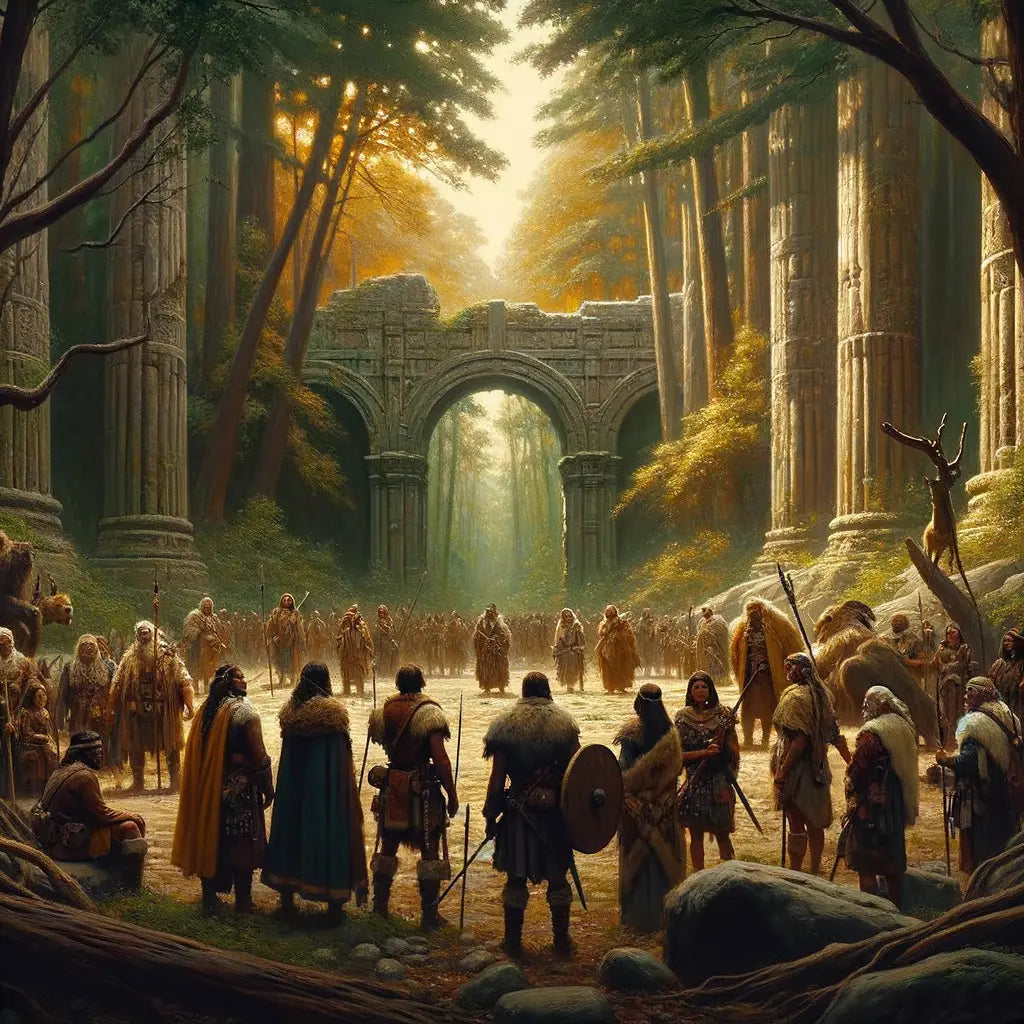 Germanic warriors with diverse features stand in a dense forest, Roman ruins visible in the background, in a painting style reminiscent of 1960s historical films.