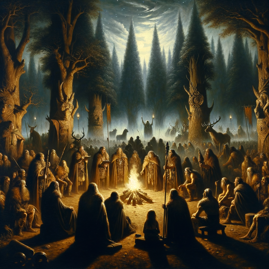 Ancient Germanic tribal leaders with angular faces and high foreheads gather under torchlight in a dense forest clearing at night, styled like a 1960s historical epic film.