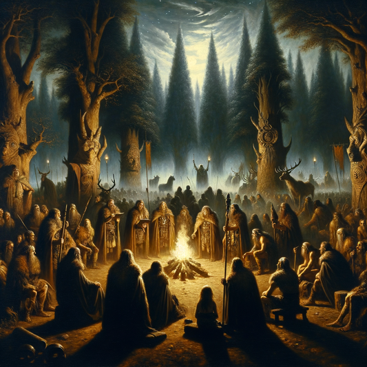 Ancient Germanic tribal leaders with angular faces and high foreheads gather under torchlight in a dense forest clearing at night, styled like a 1960s historical epic film.