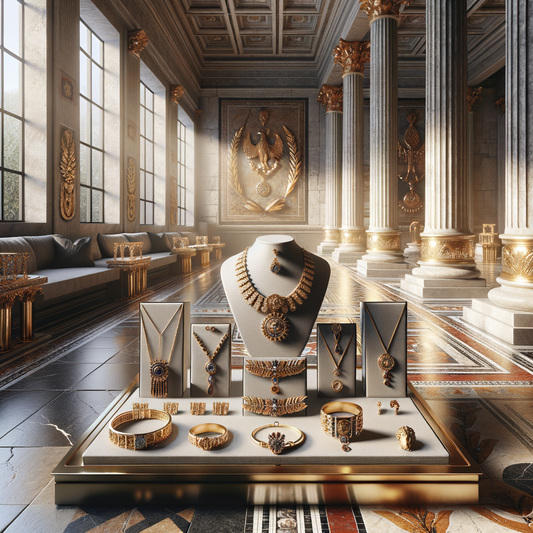 A luxurious modern jewelry collection set against a backdrop of Roman-inspired architecture, featuring pieces adorned with laurel and eagle motifs in a bright, sophisticated setting.