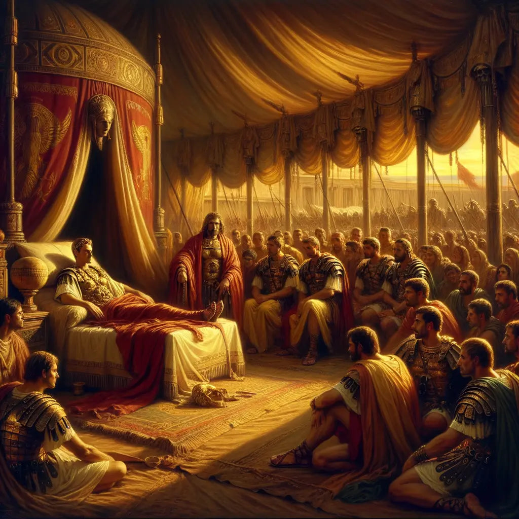 Marcus Aurelius on his deathbed, surrounded by Roman soldiers, embodying stoic calm, in a scene reminiscent of 1960s historical epic films.