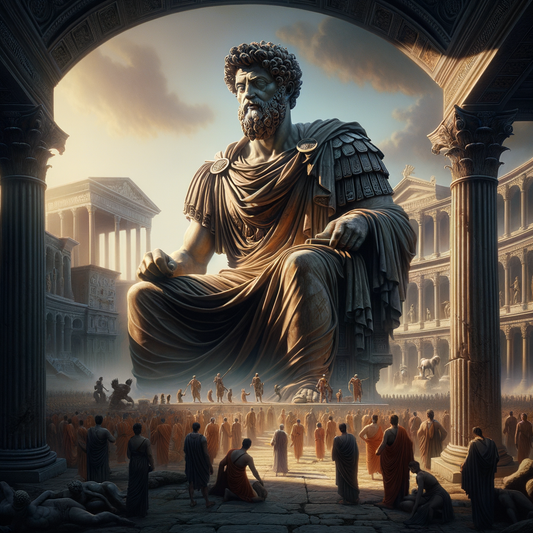 Statue of Marcus Aurelius amidst Roman forum chaos, depicting Stoic calm, in a cinematic 1960s historical film style.