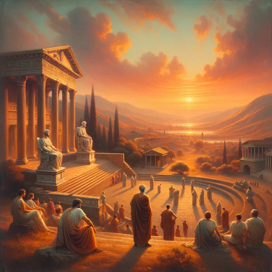 Ancient Roman forum at sunset, vintage statues and Marcus Aurelius in a toga reflect serene stoic leadership, inspired by 1960s historical film style.