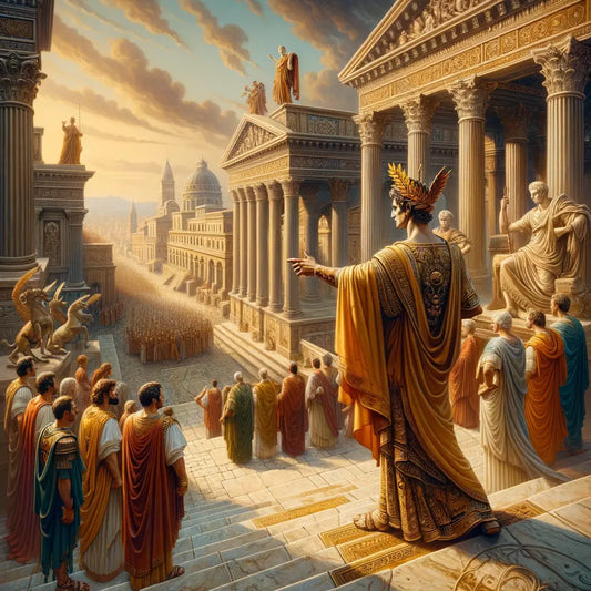 Emperor Augustus in regal toga on marble steps in ancient Rome, overseeing the expansion of the Roman Empire during Pax Romana, surrounded by senators and soldiers, inspired by classic historical films of the 1960s.