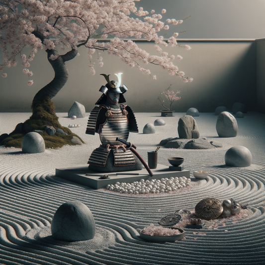 Ein ruhiger Zen-Garten mit traditionellen Samurairüstungen, sanft bedeckt von Kirschblüten und zarten japanischen Schmuckstücken — minimalistisch, harmonisch und von kultureller Schönheit inspiriert.