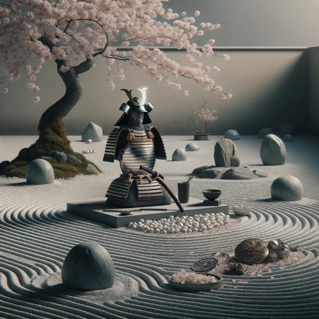Ein ruhiger Zen-Garten mit traditionellen Samurairüstungen, sanft bedeckt von Kirschblüten und zarten japanischen Schmuckstücken — minimalistisch, harmonisch und von kultureller Schönheit inspiriert.