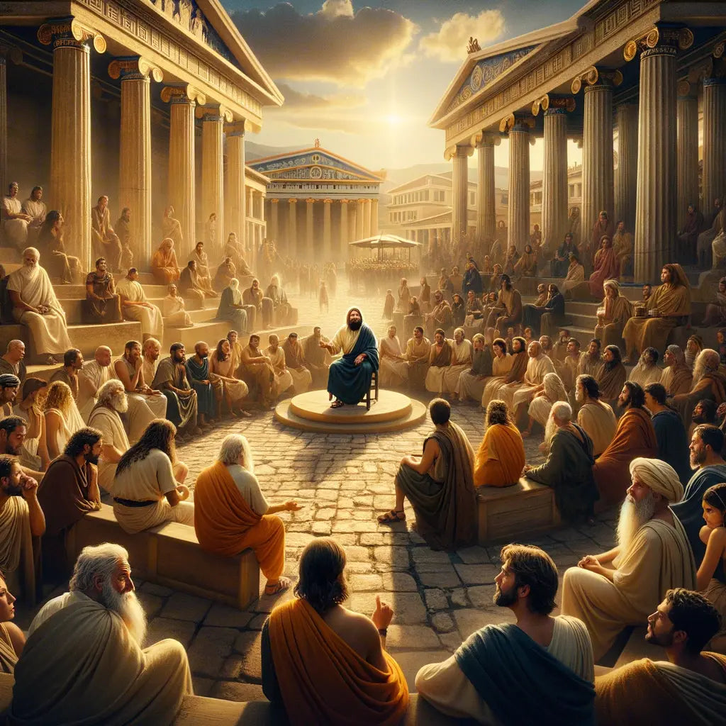 Socrates-like philosopher engaging in dialogue in an ancient Athenian marketplace, surrounded by listeners, in a style reminiscent of classic historical films.