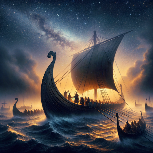 Viking longship sailing through misty seas under a starry night sky, evoking historical epic film style.