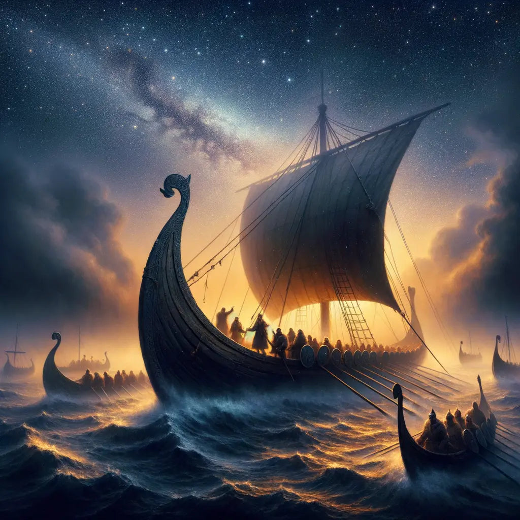 Viking longship sailing through misty seas under a starry night sky, evoking historical epic film style.