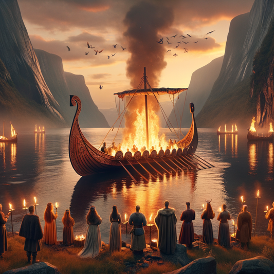 A Viking longship on fire in a Norse funeral, surrounded by fjords, with flames lighting the horizon, in a cinematic 1960s-style painting.