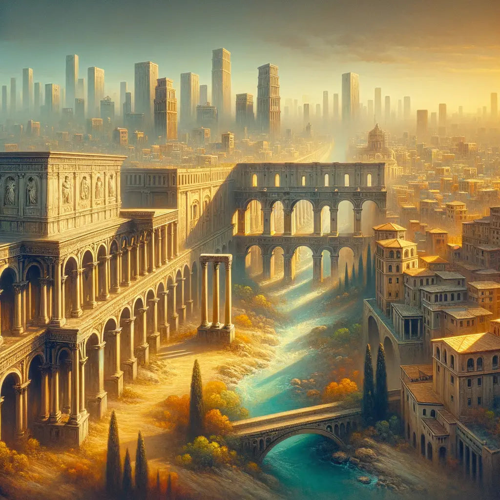 A contemporary cityscape with integrated Roman-style arches and aqueducts, viewed from above, blending ancient and modern architecture.