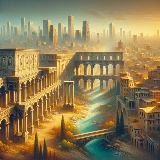 A contemporary cityscape with integrated Roman-style arches and aqueducts, viewed from above, blending ancient and modern architecture.