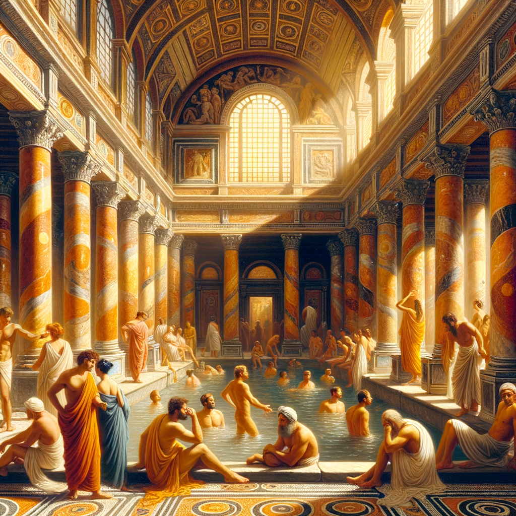 Luxurious Roman bathhouse with steaming waters, grand columns, and detailed mosaics, inspired by the 1960s historical epic style.