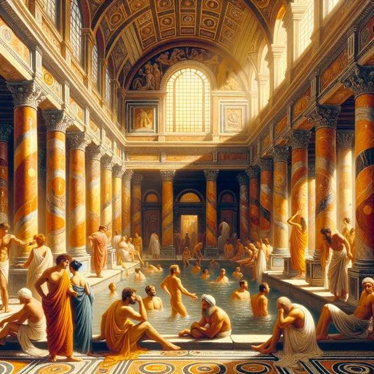 Luxurious Roman bathhouse with steaming waters, grand columns, and detailed mosaics, inspired by the 1960s historical epic style.