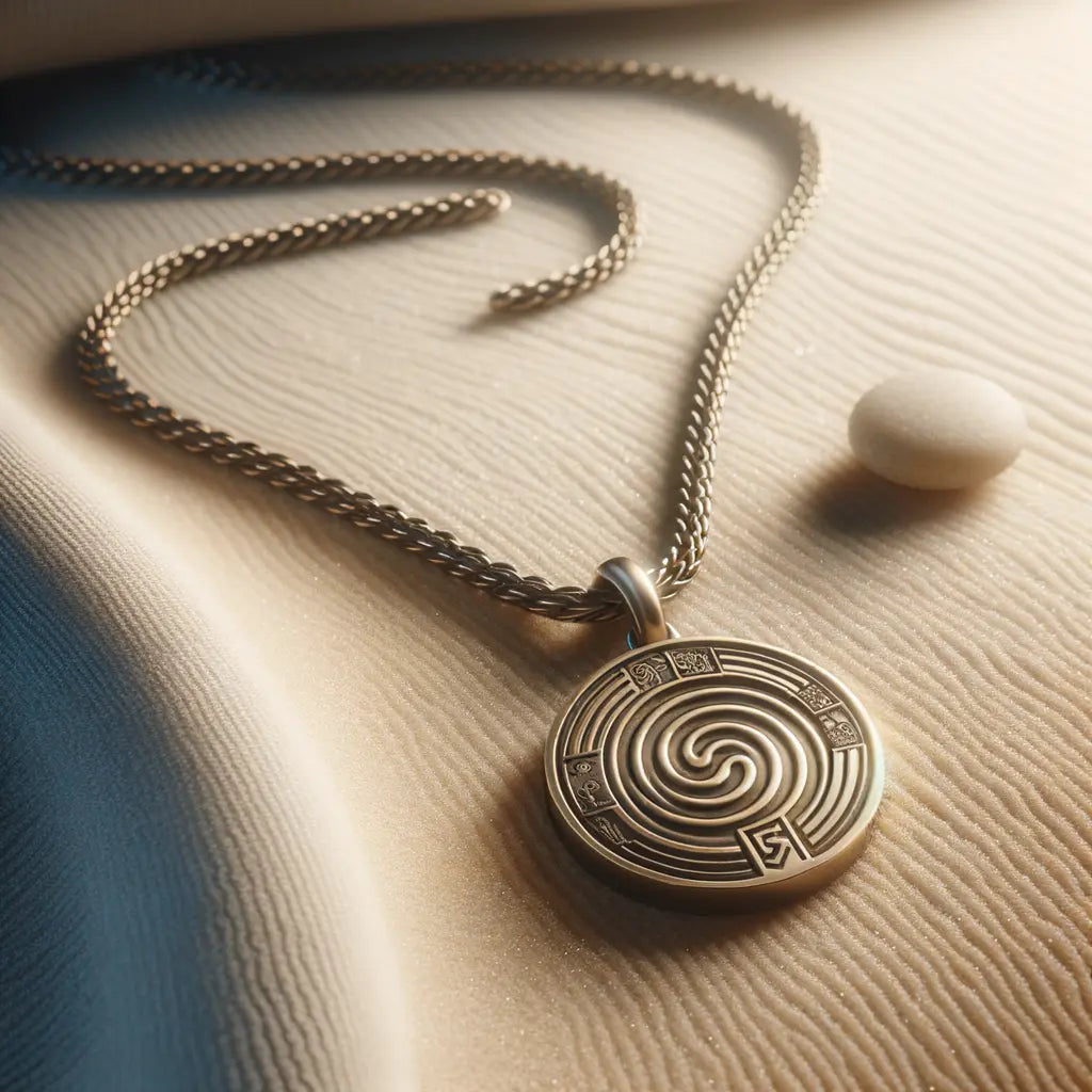 Minimalist Stoic-inspired necklace symbolizing simplicity, resilience, and elegance, with elements representing ancient philosophers Epictetus and Marcus Aurelius.