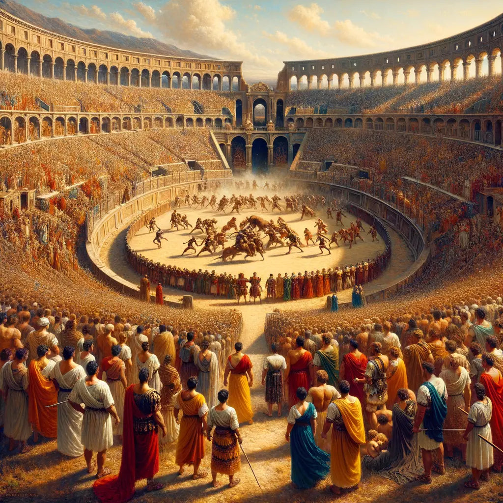 Lively spectacle of gladiators battling in the grand Circus Maximus, surrounded by a vivid Roman crowd, painted in the style of 1960s historical epics.