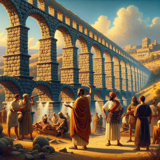 Roman engineers and laborers examining lead pipes on an ancient aqueduct under construction, with a landscape reminiscent of 1960s epic historical films.