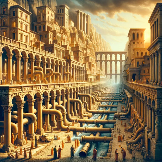 Ancient Roman cityscape with lead pipelines running through, illustrating infrastructure's role in Rome's unseen demise, set in a cinematic painting style.