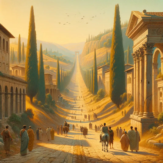 Appian Way in ancient Rome, portrayed as a cinematic epic scene with intricate Roman architecture, travelers, and warm daylight, like a 1960s historical film.