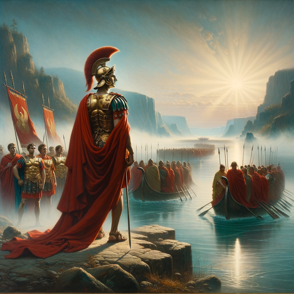 Julius Caesar stands heroically on the Rubicon River's bank, ready to cross, with soldiers behind him, in a majestic, historic cinematic painting style.