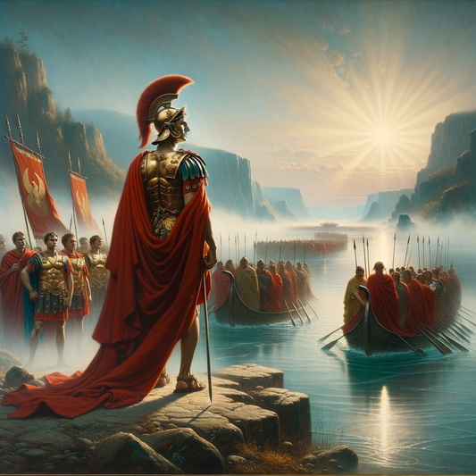 Julius Caesar stands heroically on the Rubicon River's bank, ready to cross, with soldiers behind him, in a majestic, historic cinematic painting style.