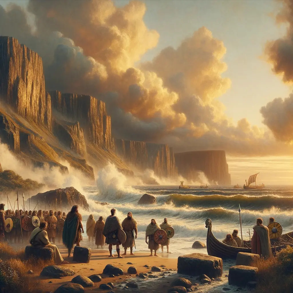 Germanic tribesmen in traditional attire arrive on ancient British shores, with crashing waves and cliffs, in a cinematic style inspired by 1960s historical epics.