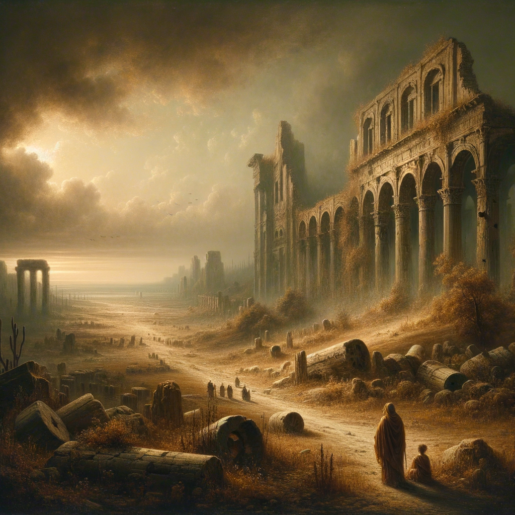 Roman ruins gradually overtaken by wild vegetation, with a lone figure on a deserted road symbolizing the shift to the Dark Ages.