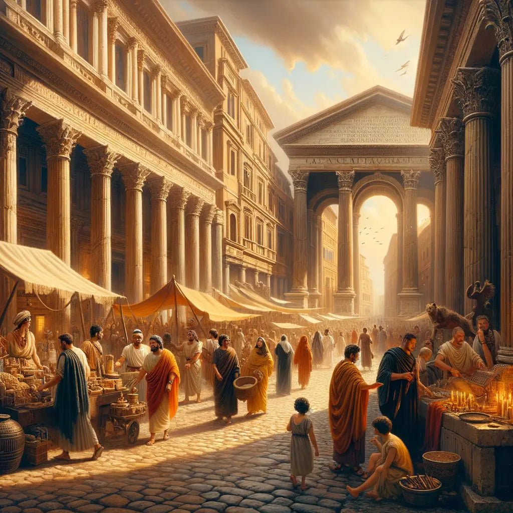 Bustling street in Ancient Rome with citizens of different social classes engaged in daily activities, framed by grand Roman architecture.