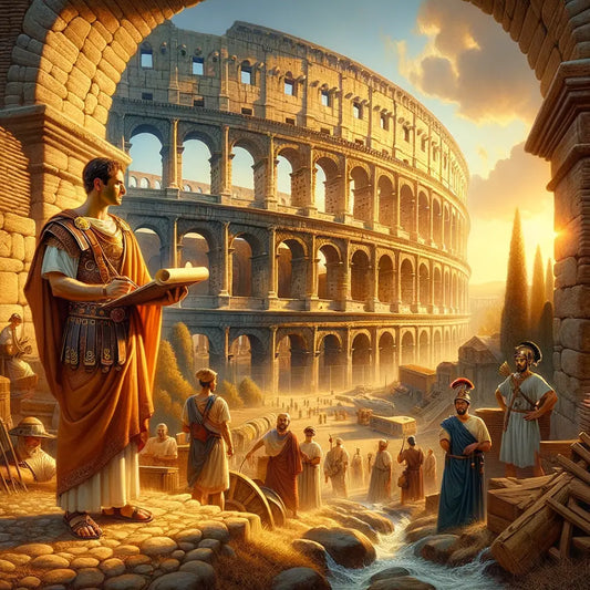 Roman aqueducts feeding water into the Colosseum, with an engineer observing the scene, inspired by 1960s historical epic film style.