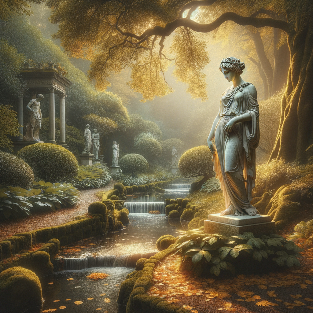 Serene scene of a tranquil stream with floating leaves and an ancient Roman statue symbolizing mindfulness, reminiscent of 1960s historical film style.
